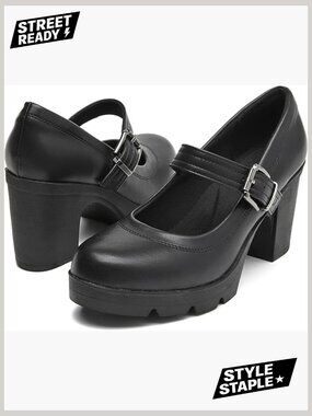 Chunky Low Block Heel Mary Jane Pumps with Arch Support for Work
